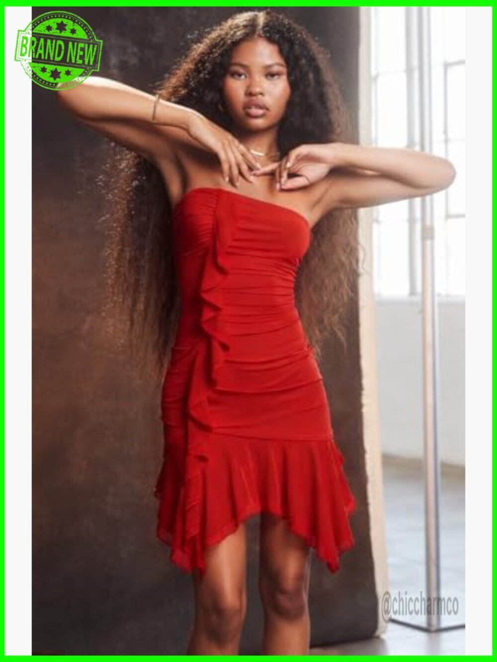 Strapless Tube Top Mesh Ruched Bodycon Ruffle Mini Dress - Picture 2 of 7